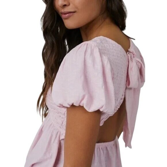 Free People Womens Pink Open Back Smocked Puff Sleeve Peplum Tie Blouse Top L/XL - Picture 3 of 9